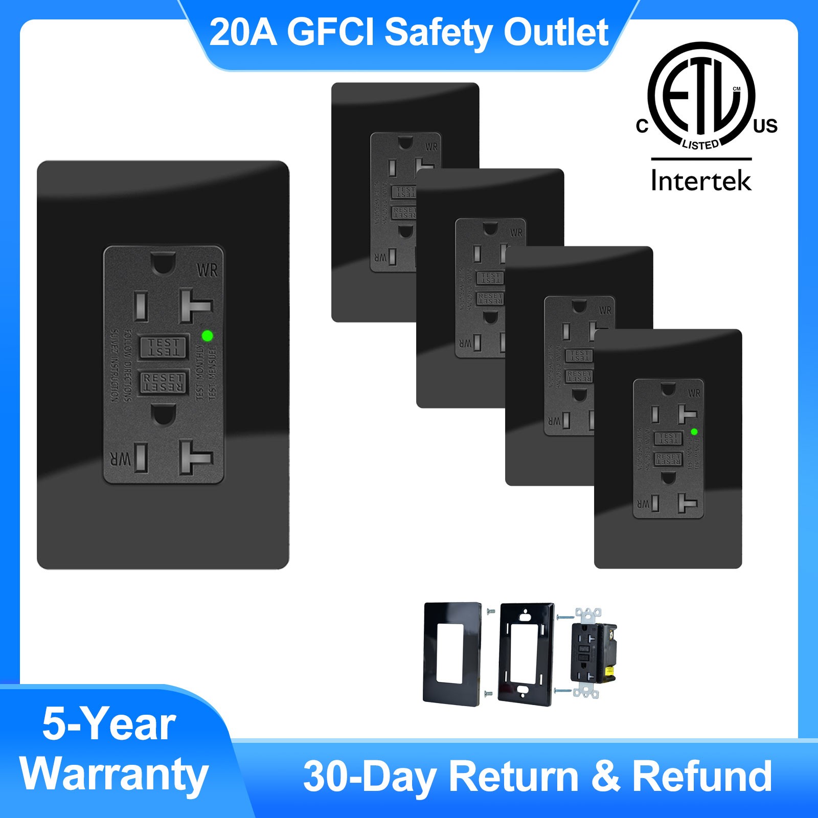 Weather Resistant Black GFCI Outlet 20A TR ETL Certified LED Status Light ×5 gallery
