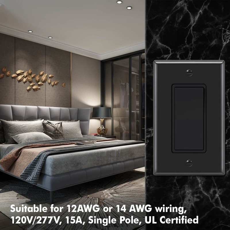 Decora Light Switch Black, Single Pole Paddle Rocker,15A 120V/277V,10 Pack gallery