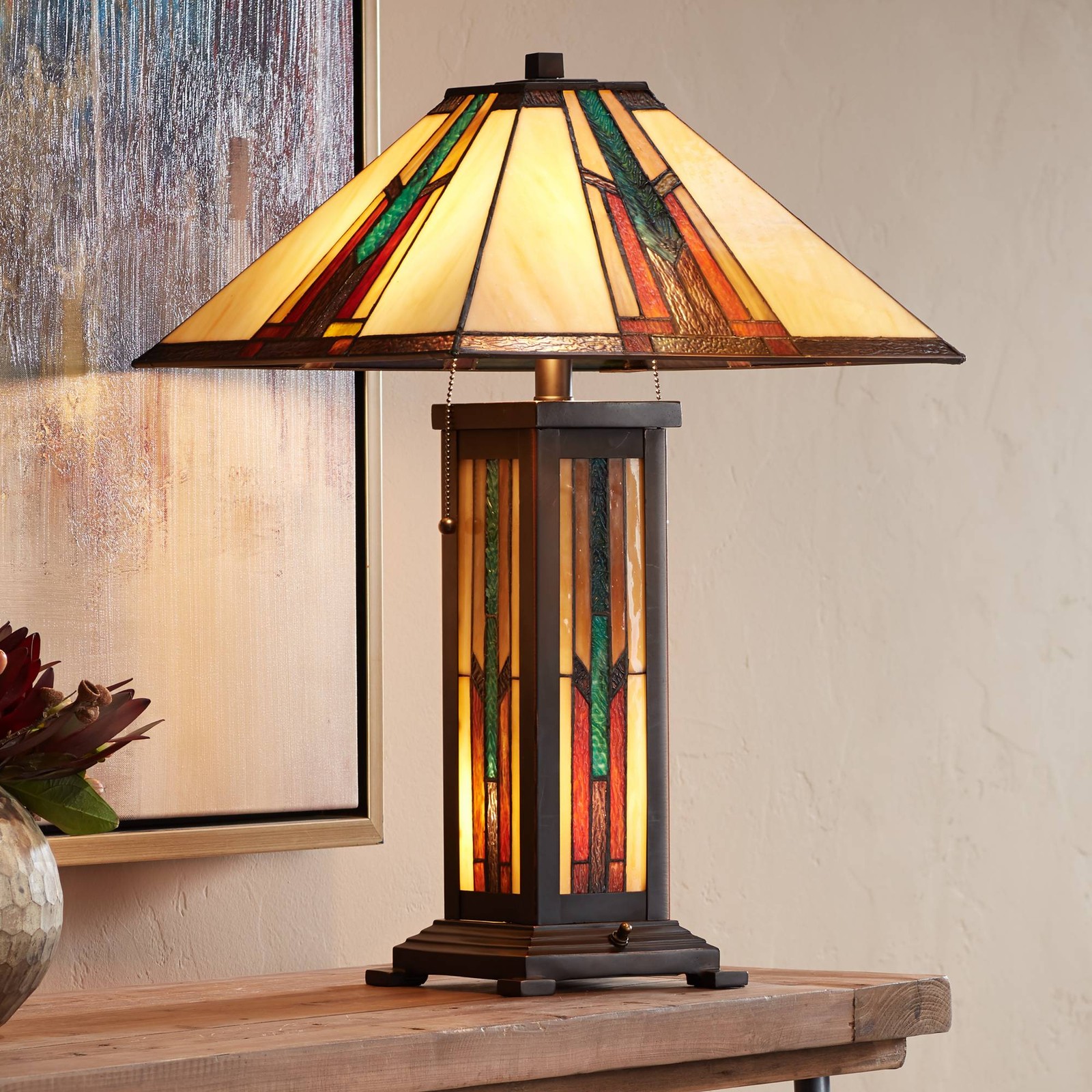 Tiffany Style Table Lamp with Nightlight Mission Bronze Art Glass Living Room gallery