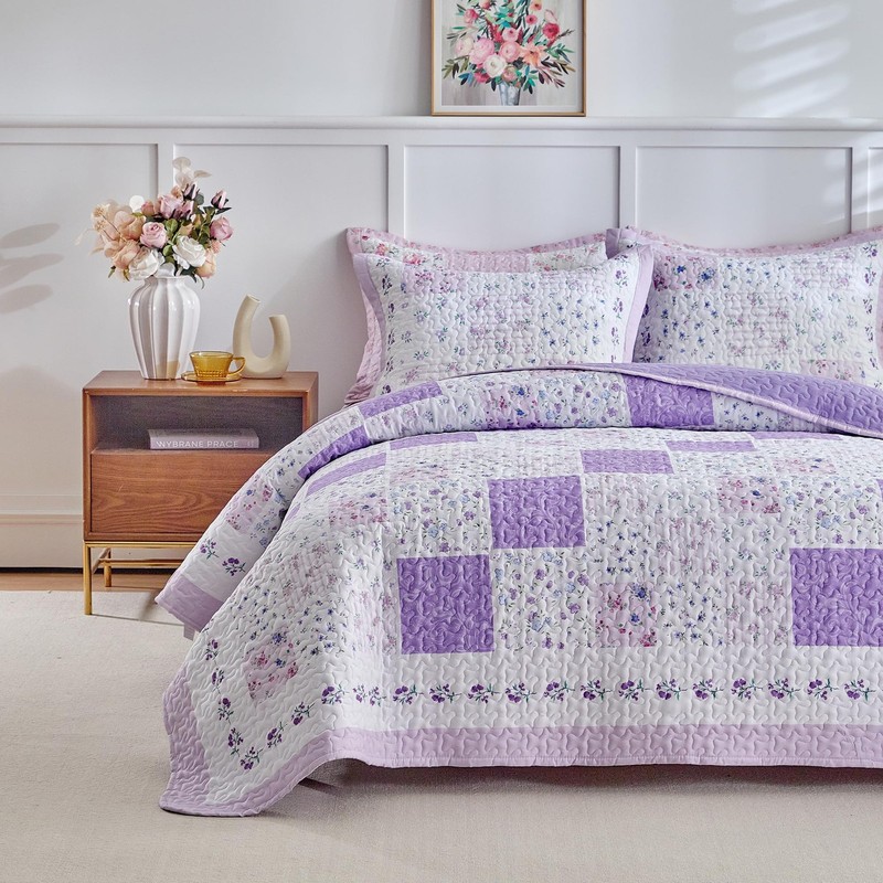 Patchwork Quilt Set King Size,3 Pieces Purple White Pink Floral Plaid Reversi... gallery