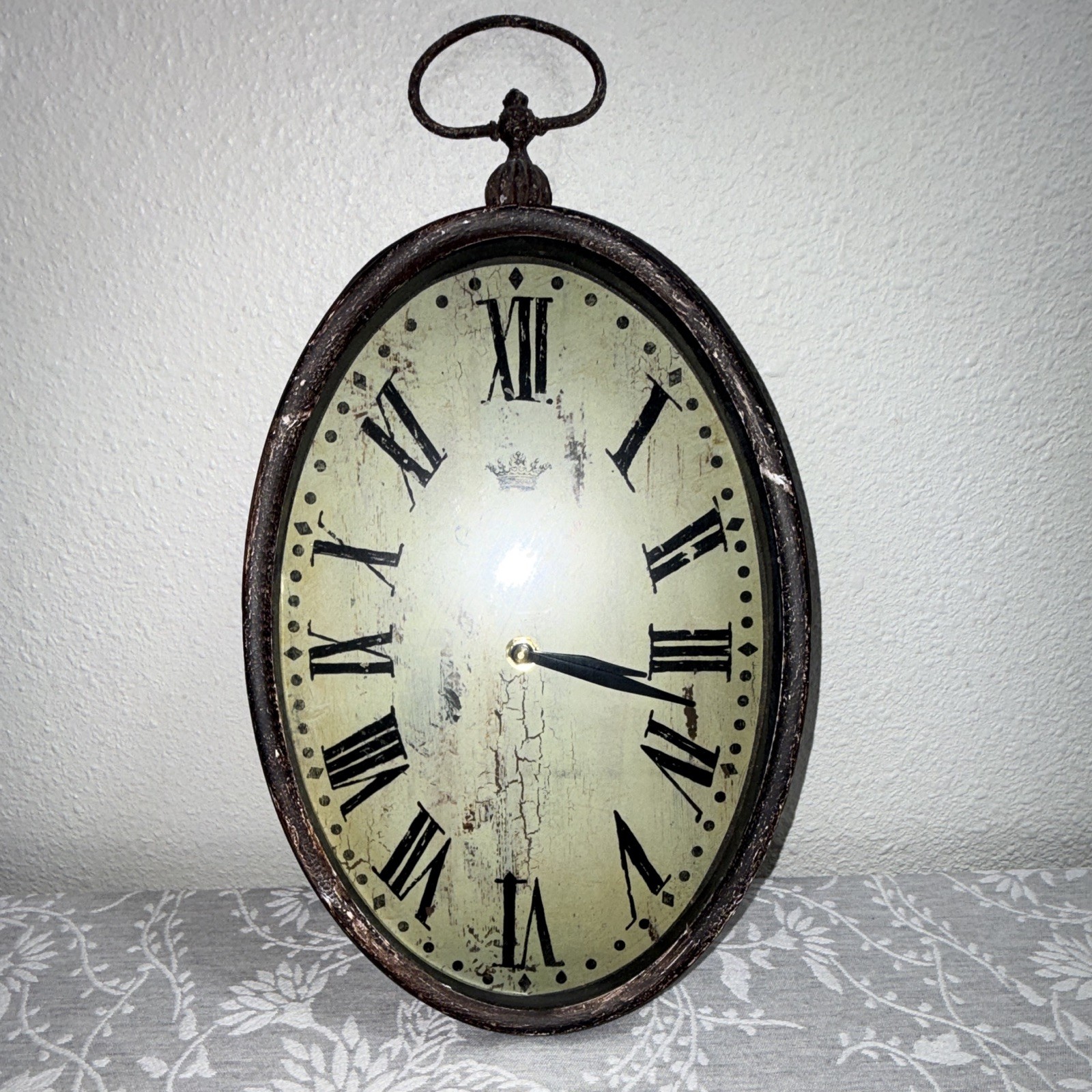 Oval Hanging Wall Clock Analog Roman Numerals Metal Frame Brown/Beige gallery