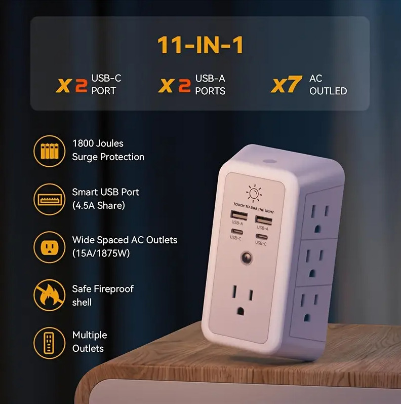 2 Pack Wall Outlet Surge Protector with 7 AC Outlets, 4 USB Ports & Night Light gallery