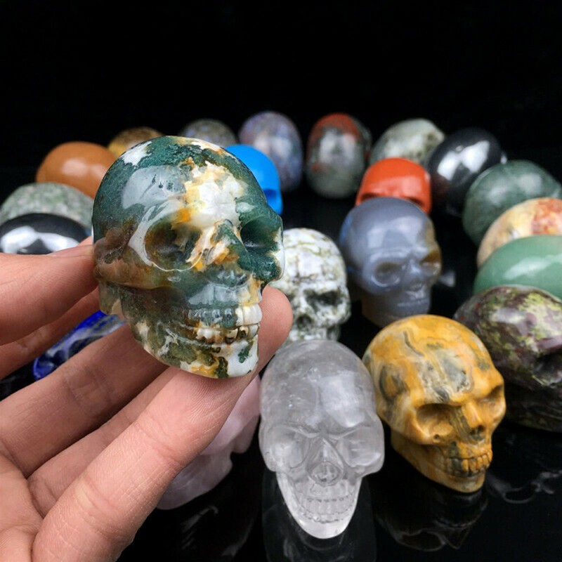 2" Flame Stone Pink Quartz Crystal Skull Obsidian Halloween Malachite Polished gallery