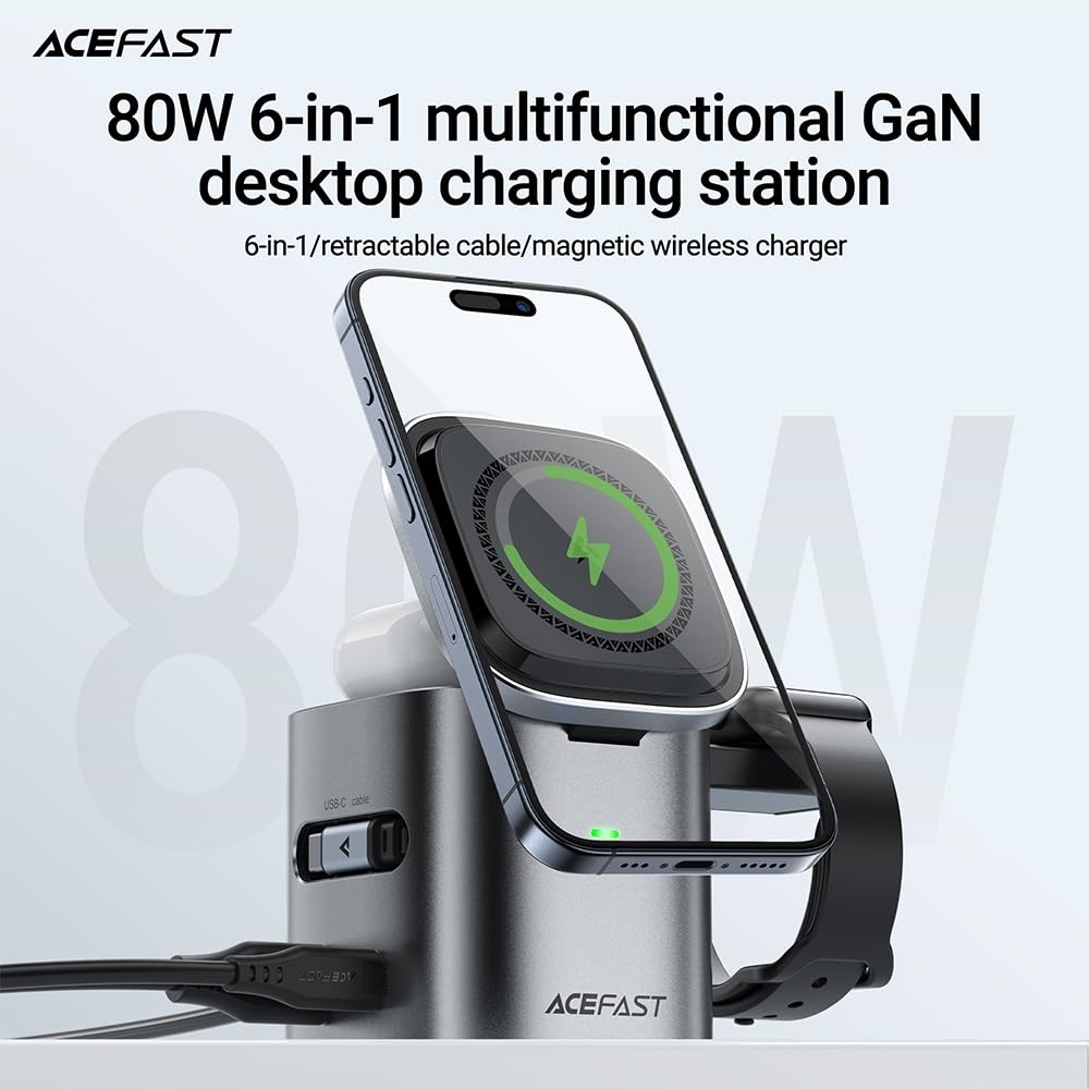 Acefast 6-In-1 80W Foldable Gan Wireless Charging Station For Iphone 17/16/15 gallery