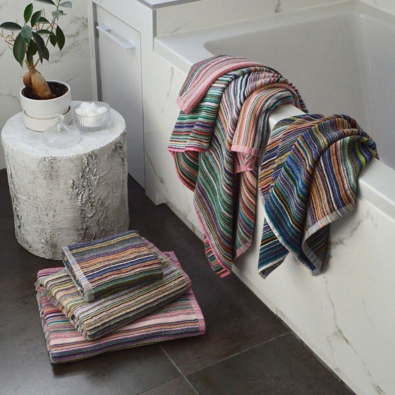 100% Recycled Cotton Towels - Colourful Remnant Stripe, Absorbent & Lightweight gallery