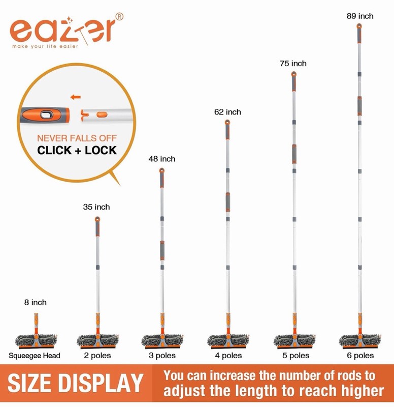 Eazer Extendable Click & Lock Window Squeegee, Washable Microfiber, 89 in gallery