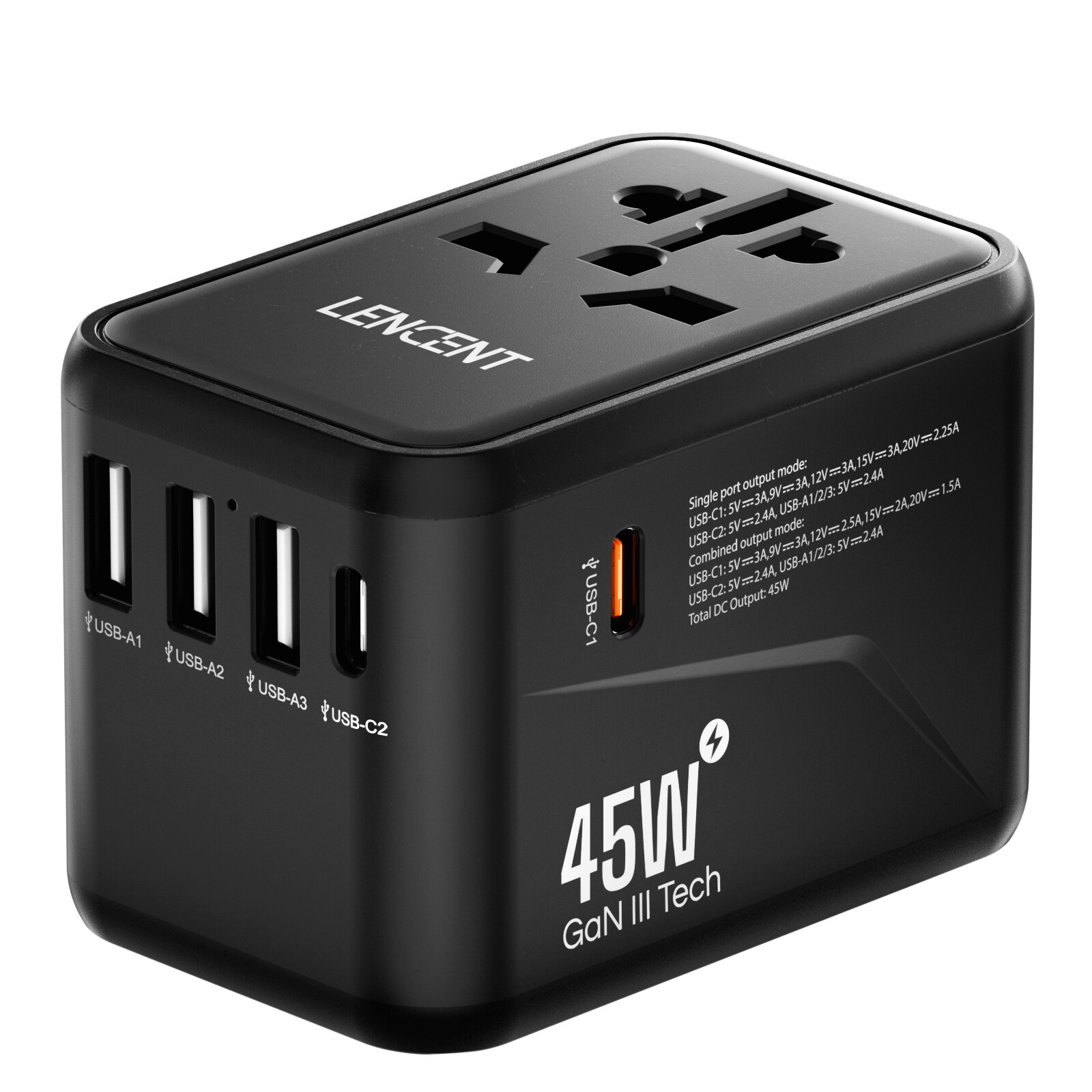 LENCENT Gan III Universal Travel Adapter 45W International Plug Adaptor w/ 5 USB gallery