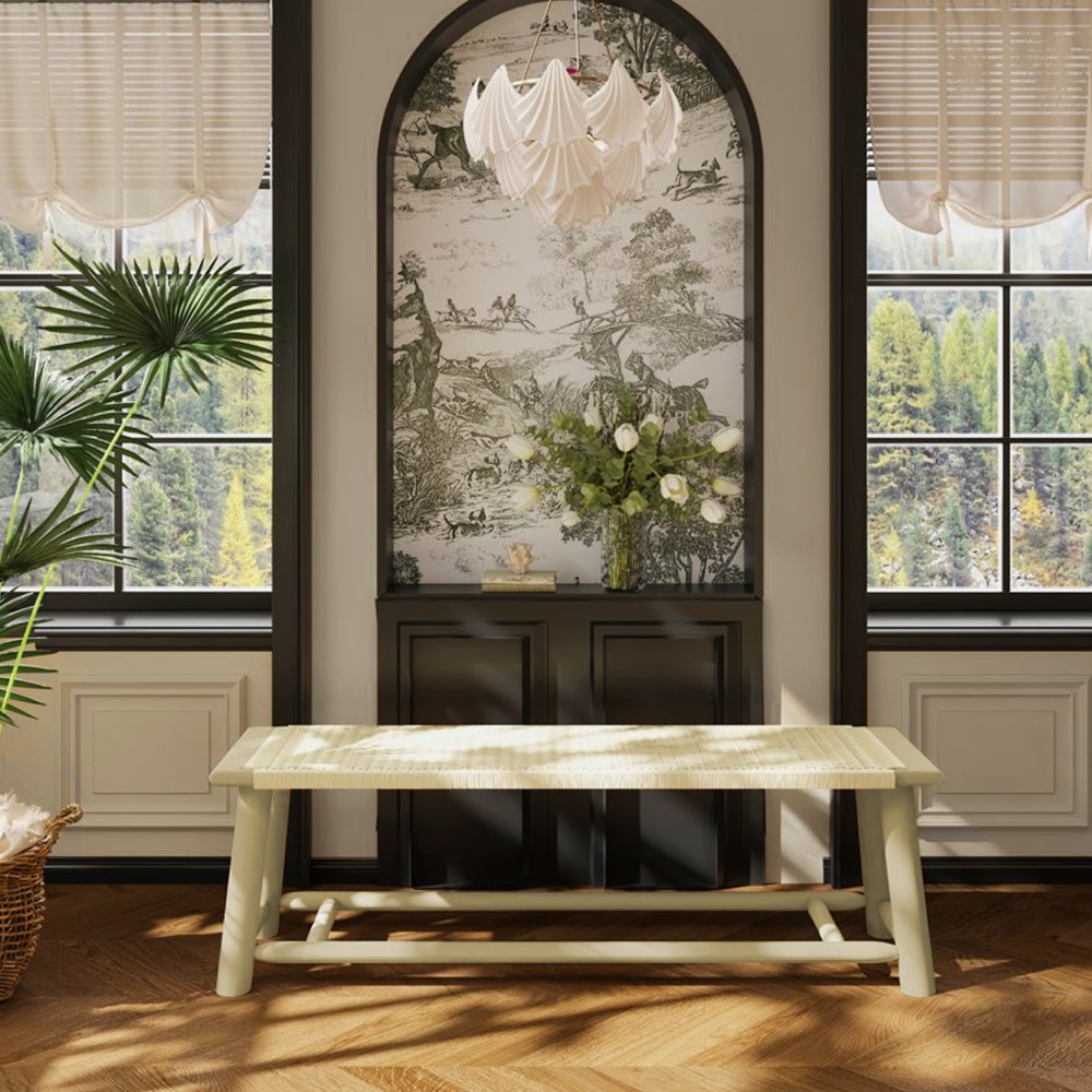 Farmhouse Modern Solid Wood Rattan Bench - 59 Inch Indoor & Covered Outdoor Benc gallery