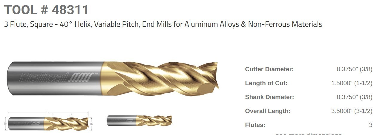 Helical 48311 - 3 Flute, Square - 40° Helix, Variable Pitch, End Mill gallery