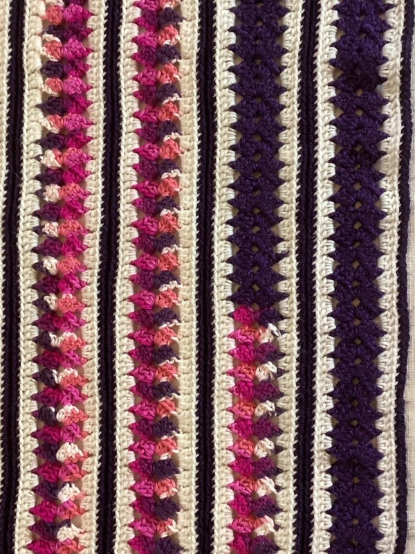 Vintage Handmade Granny Afghan Throw Blanket Pink Purple Ivory Stripes 44” X 72” gallery