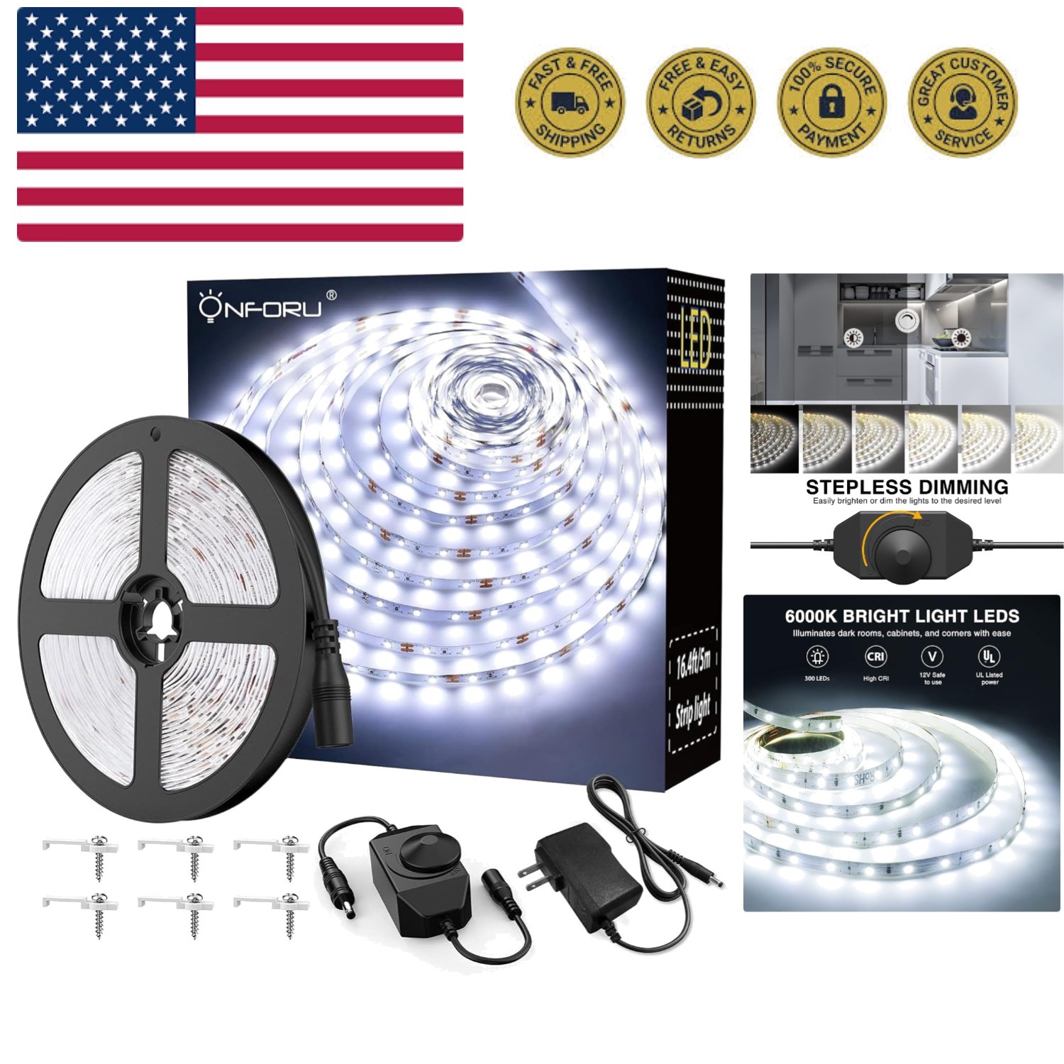 LED Light Strip,16.4ft Dimmable LED Tape Light, 6000K Daylight White Strip Li... gallery