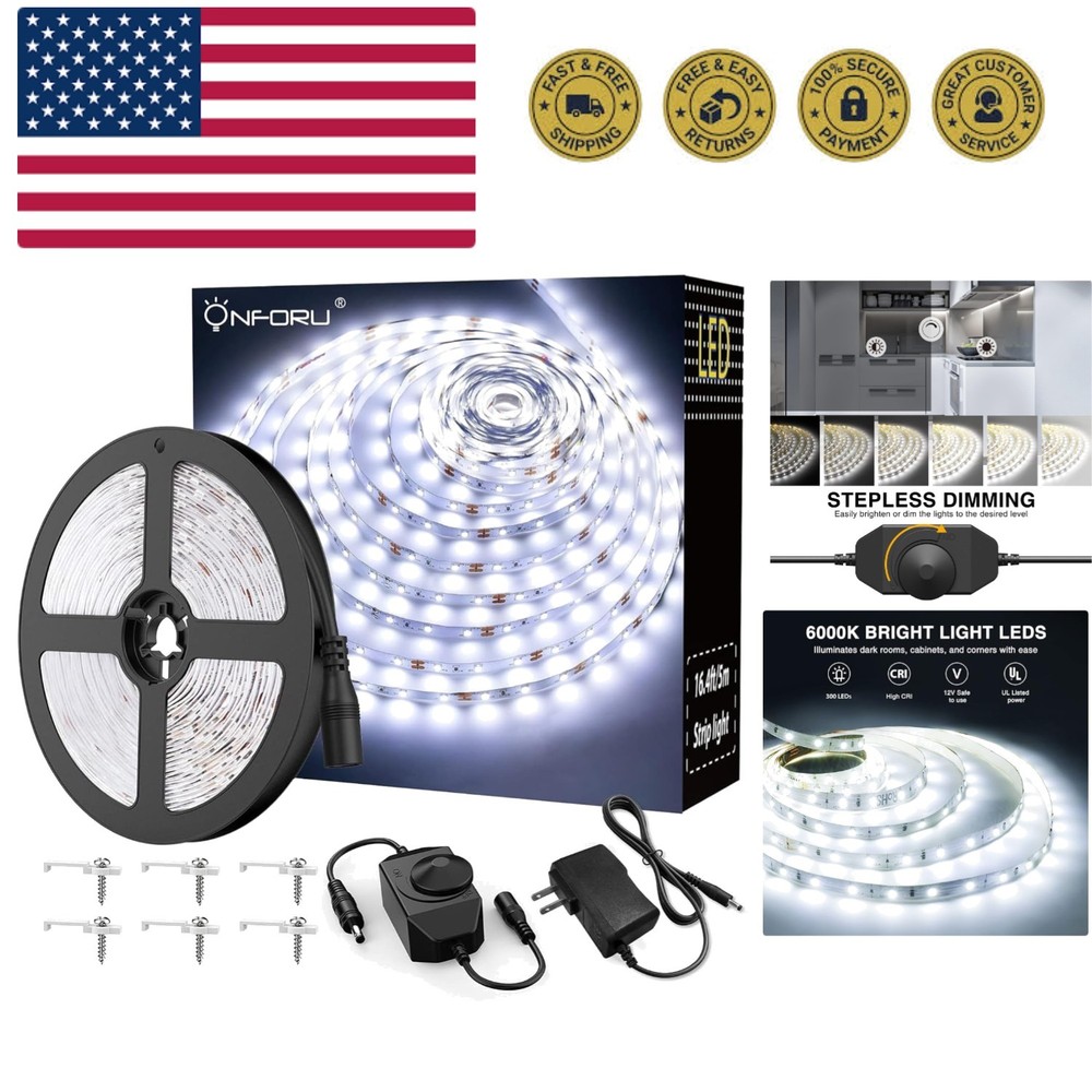 LED Light Strip,16.4ft Dimmable LED Tape Light, 6000K Daylight White Strip Li...