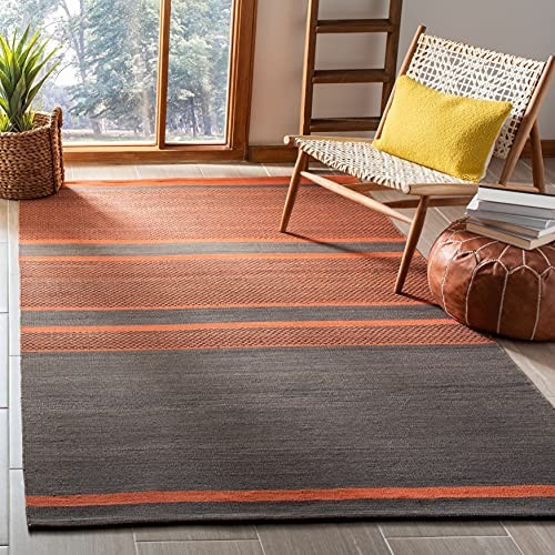 Handmade Flat Weave Wool Accent Rug 4' x 6' - Dark Grey & Orange, High Traffic A gallery