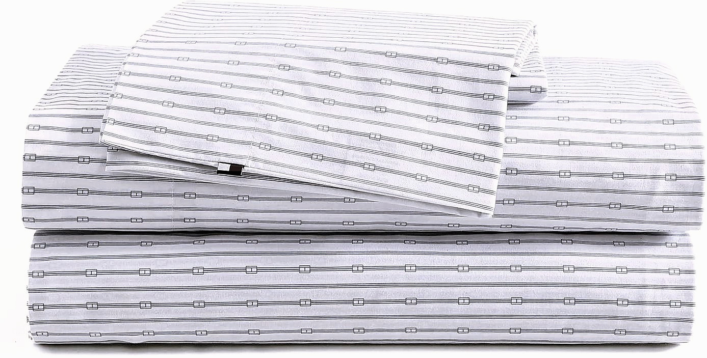 TOMMY HILFIGER 4pc Monogram Stripe KING Sheet Set Gray White 100% Cotton Percale gallery