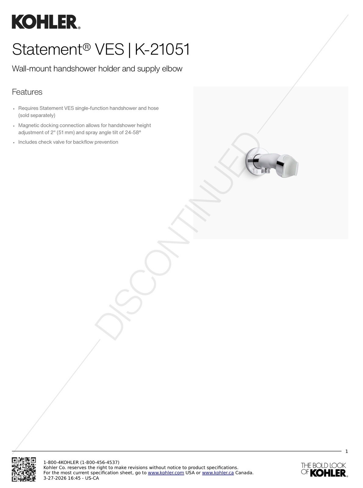 Kohler Statement® VES Wall-mount handshower holder and supply elbow K-21051-CP gallery