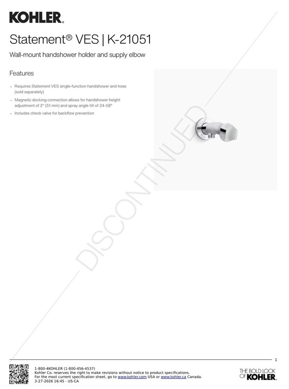 Kohler Statement® VES Wall-mount handshower holder and supply elbow K-21051-CP gallery