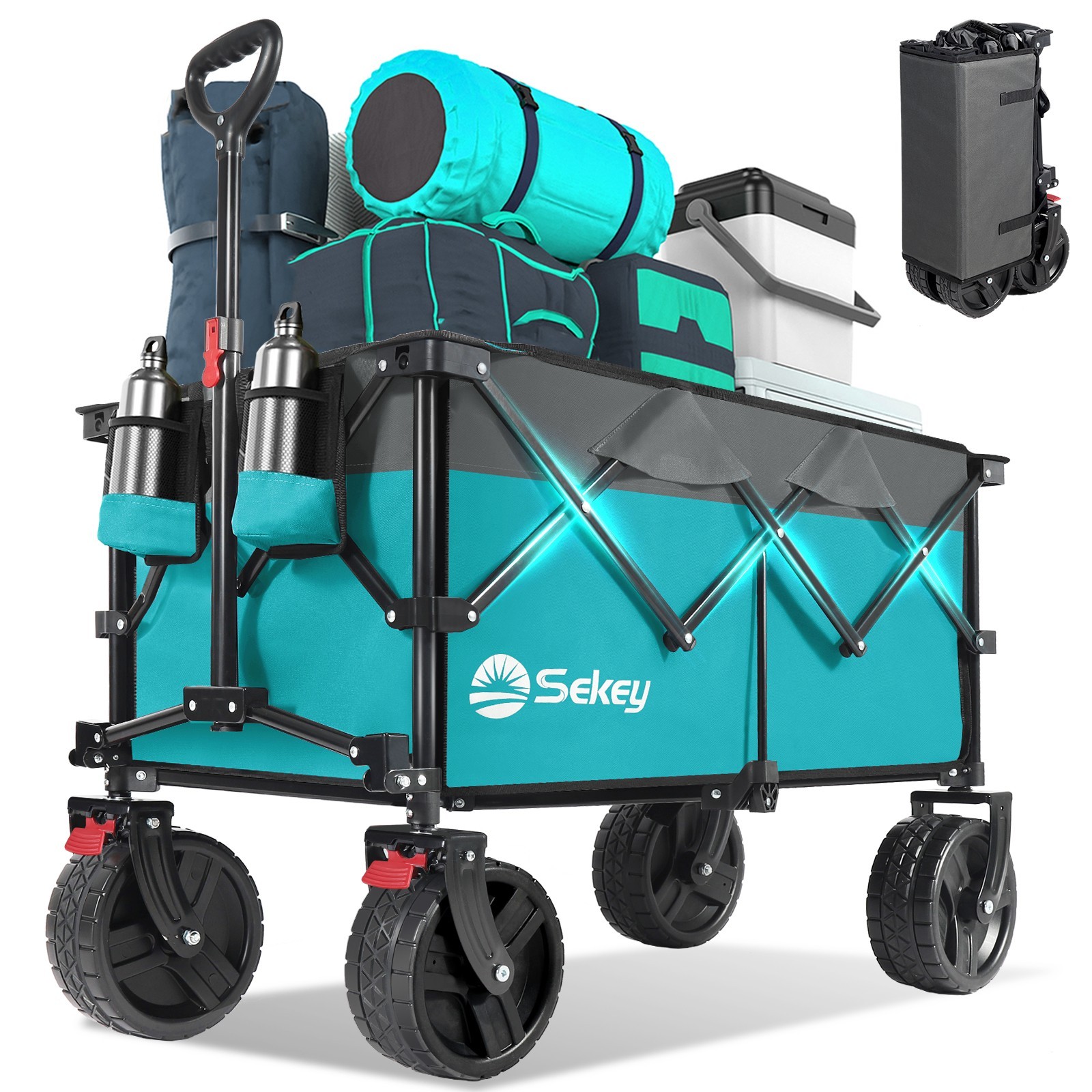 Turquoise Collapsible Wagon: All-terrain wheels, cup holders, multi-use. gallery