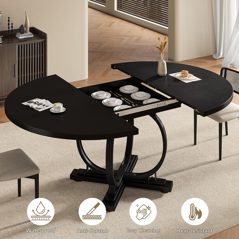 59" round Extendable Dining Table for 4-6, Modern Oval Kitchen Table with Heavy gallery