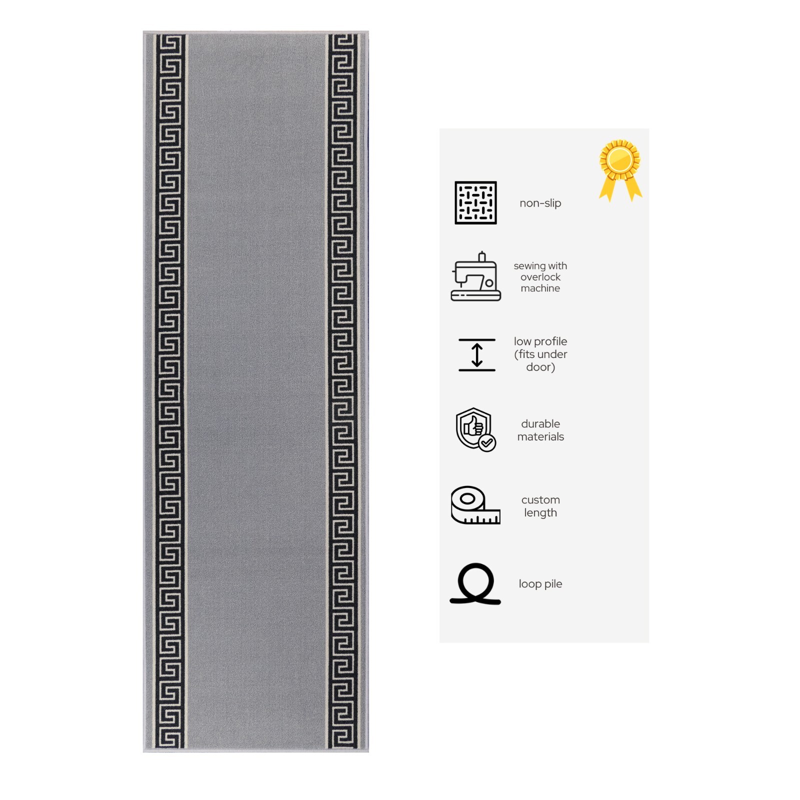 Non Slip Meander Grey Design Grey Low Pile Rug 22" / 26" / 30" / 36" Width gallery