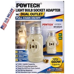 Light Bulb Socket Adapter w/ Dual Outlet Pull Chain On/Off 125V 660W Ivory