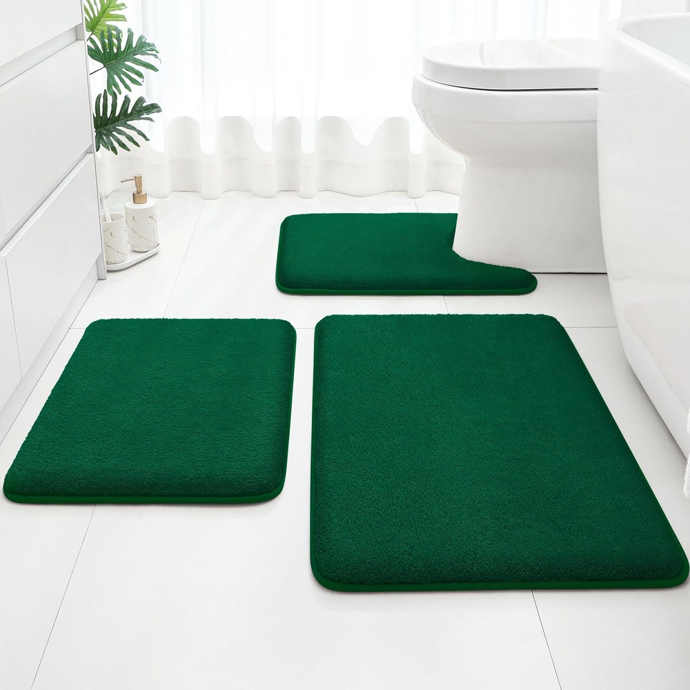 Bathroom Rug Set 3 PCS Thick Memory Foam Dark Green 17x24+20x32+U20x24 Inch