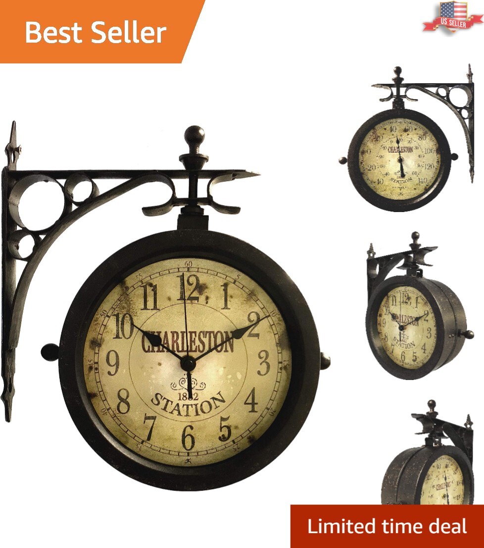 Weather-Resistant Train Station Clock with Double Sided Clock and Thermometer gallery