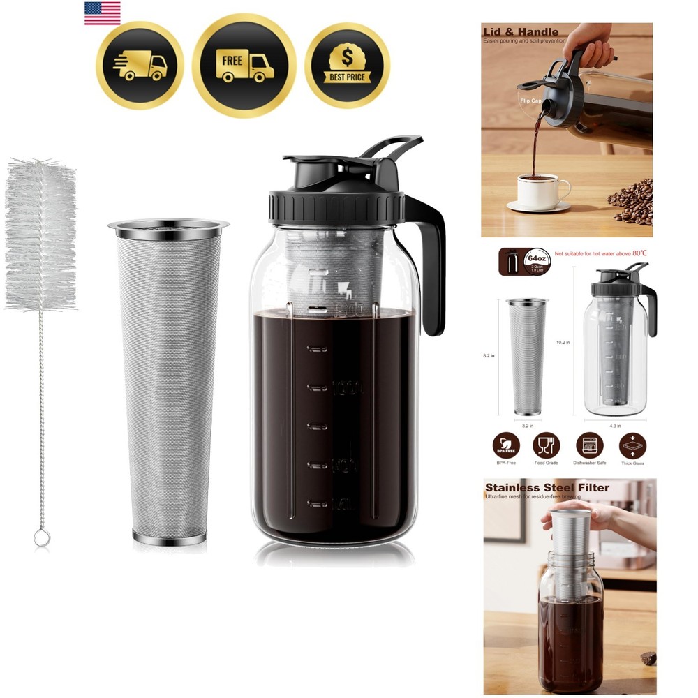 Cold Brew Coffee Maker 64oz, Iced Coffee Maker with 304 Stainless Steel Filte...