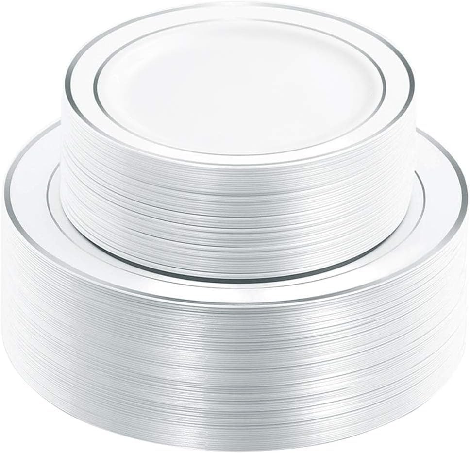 Disposable Plastic Plates White Silver Rim 120PCS Plates Party Tableware