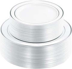 Disposable Plastic Plates White Silver Rim 120PCS Plates Party Tableware