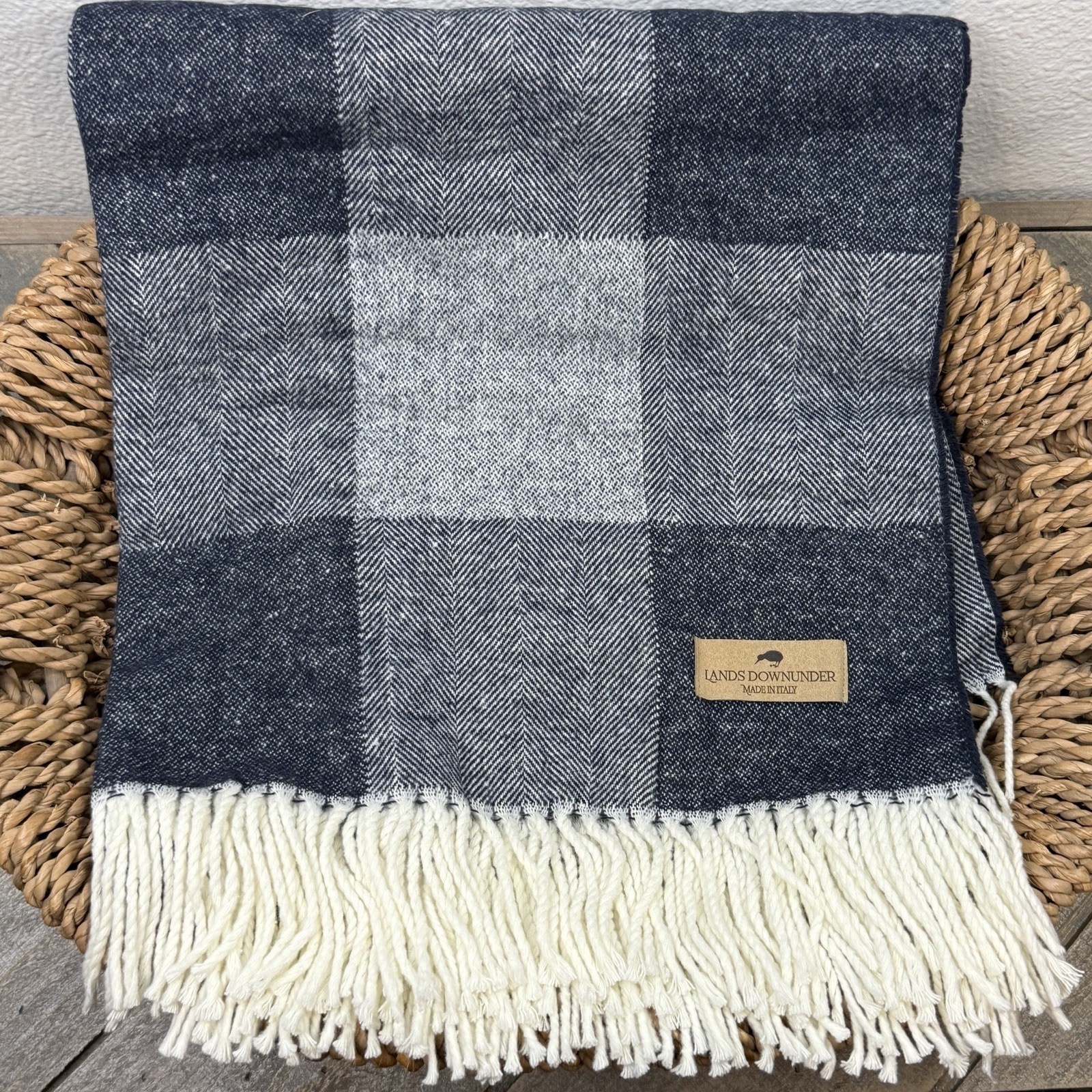 LANDS DOWNUNDER HAMPTON PLAID HERRINGBONE THROW BLANKET 51"x 67" NAVY BLUE gallery