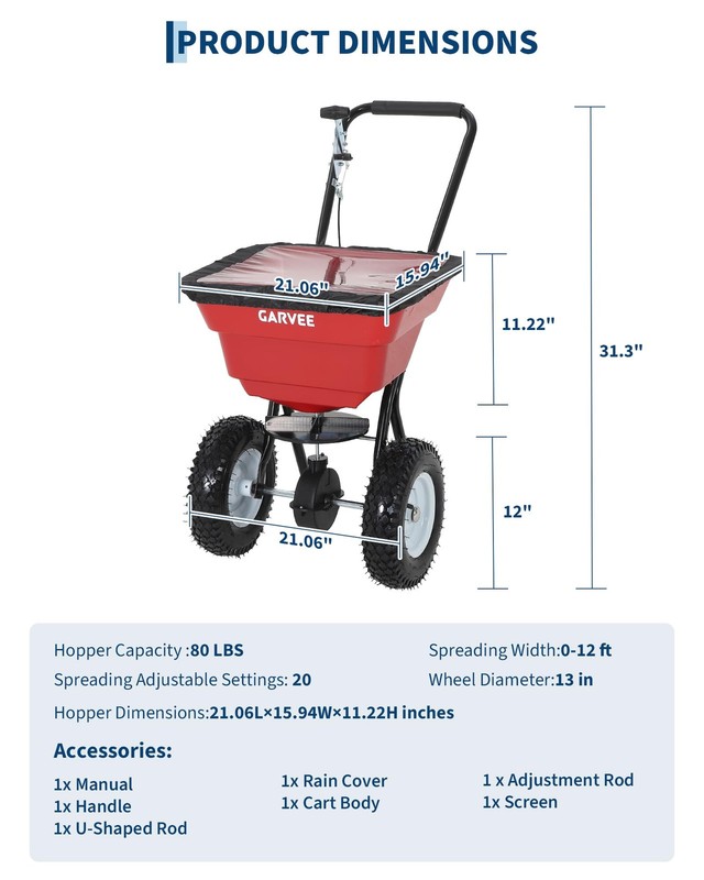 80LBS Push Broadcast Spreader, 12FT Width 13'' Wheels Adjustable Flow for Garden gallery