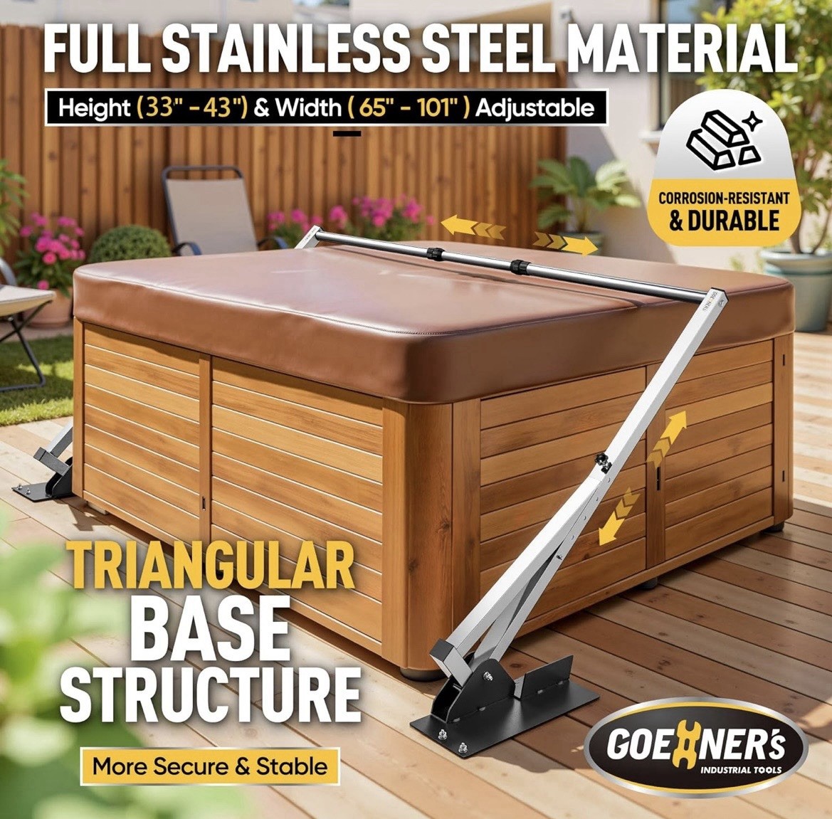 Goehner's Stainless Steel Adjustable Hot Tub Cover Lift 65-101W 33-43H gallery