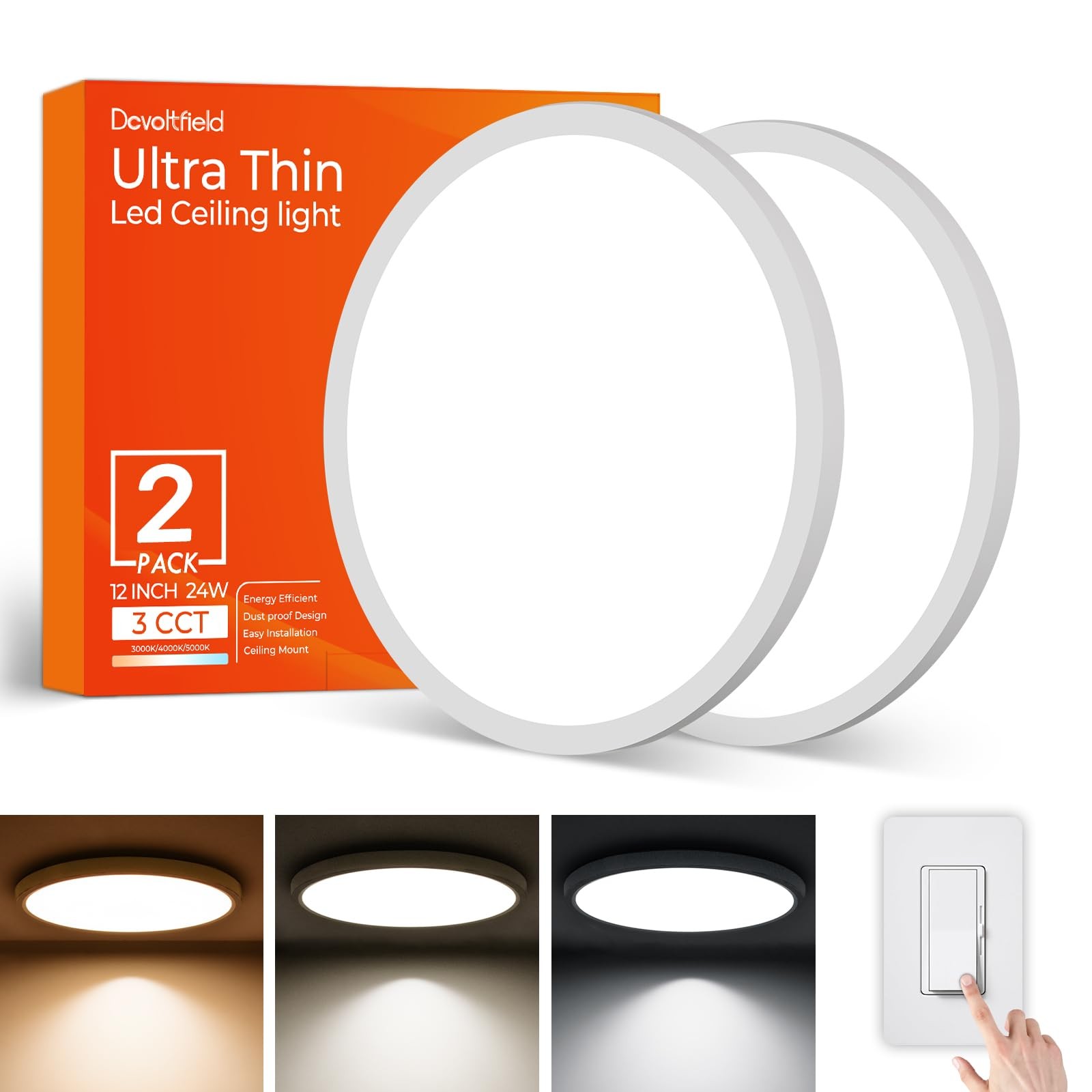 2 Pack 12 Inch LED Flush Mount Ceiling Light Fixture, 24 W 2640LM,Dimmable CC... gallery