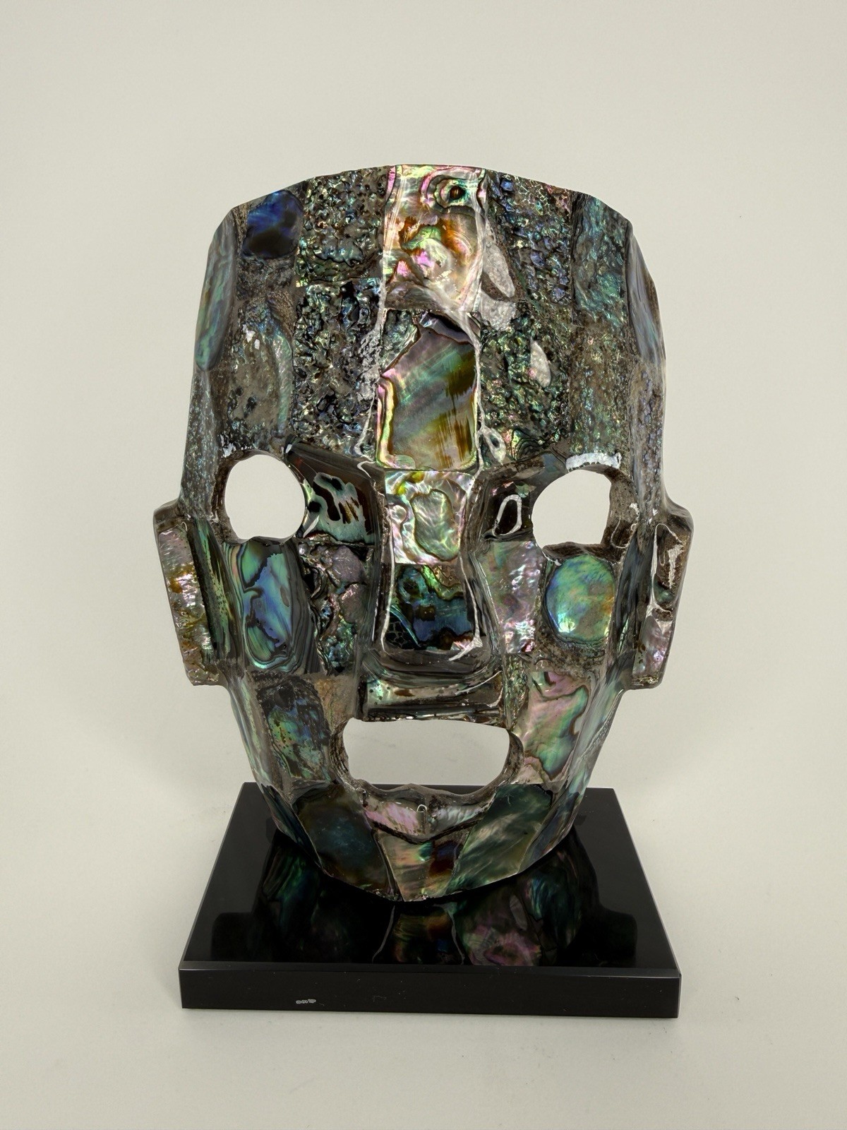 Abalone Shell Mosaic Tribal Mask Sculpture On Stand Iridescent Art Decor gallery