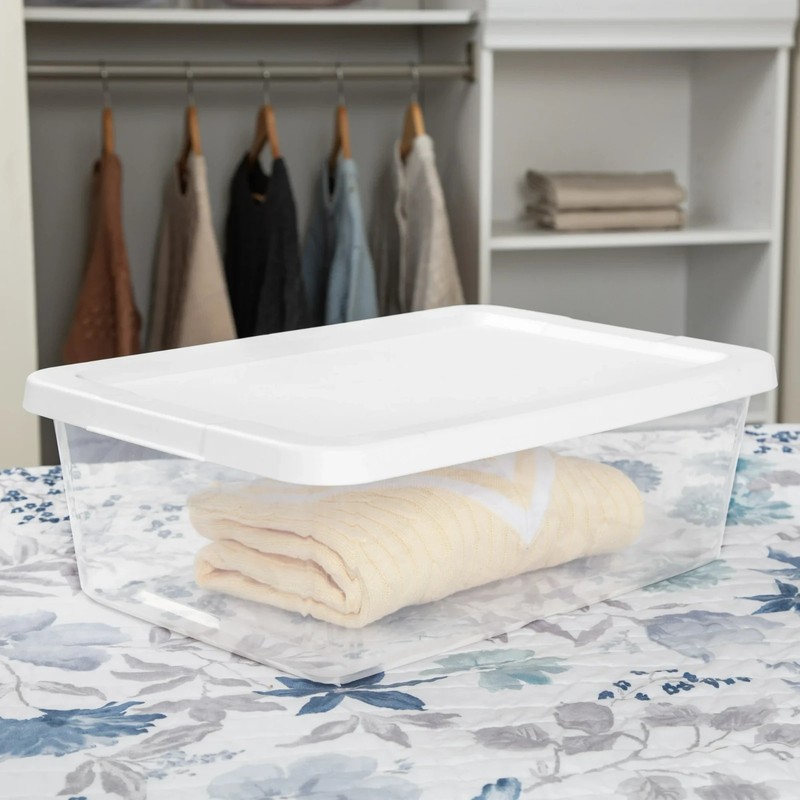 (4) 12 Quart Storage Boxes, Clear Plastic Storage Bin with Snap-On Lid, White gallery