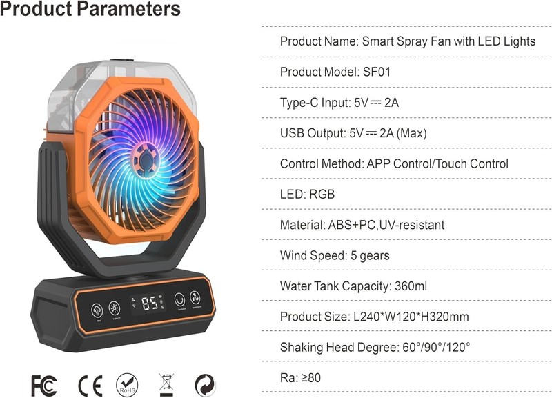 Smart Rechargeable Rotating Misting Camping Fan with RGB LED Light gallery