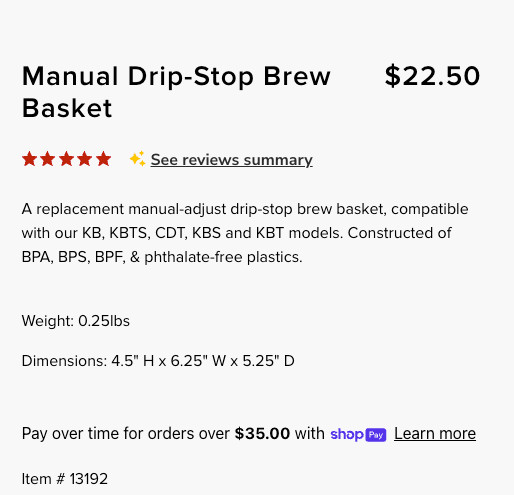 Moccamaster Replacement Manual Drip-Stop Brew Basket 13192 NEW gallery
