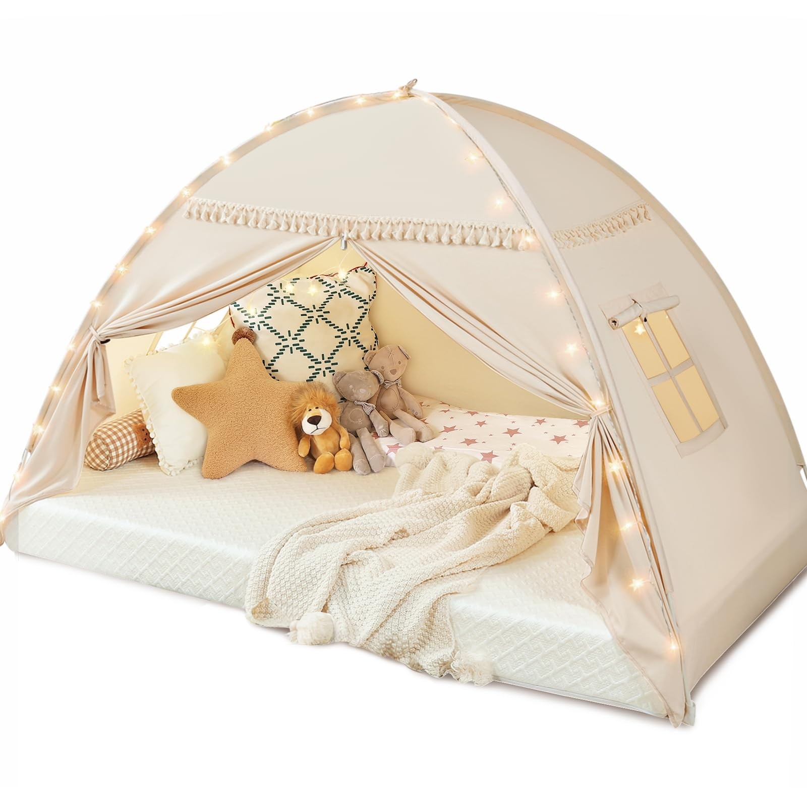 Toddler bed Tent Canopy Lights Flags Indoor Floor Twin Bed Kids Tent Play Te... gallery