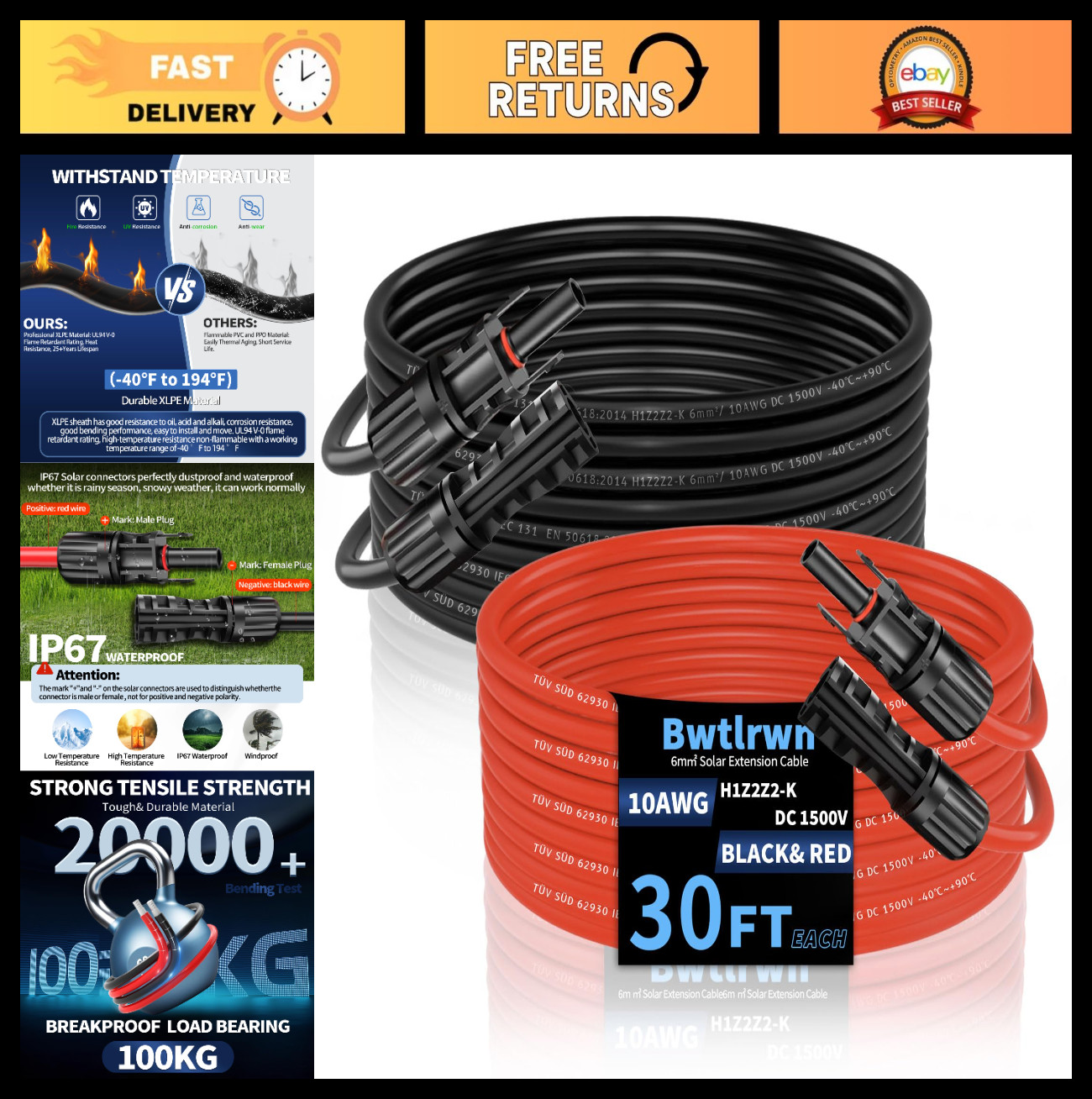 30FT Solar Panel Extension Cable 10AWG, Waterproof Connectors for RV & Solar Sys gallery