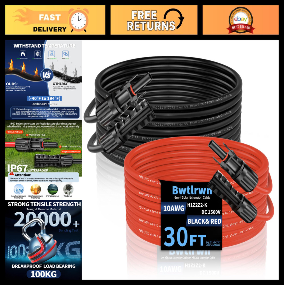 30FT Solar Panel Extension Cable 10AWG, Waterproof Connectors for RV & Solar Sys