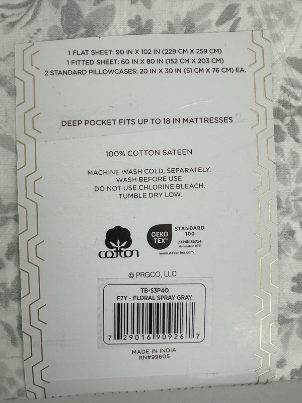 Papyrus Queen Sheet Set Floral Spray Gray 100% Cotton Sateen 300 Thread Count gallery