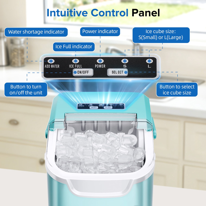 Auseo Countertop Ice Maker, 2 Sizes, 26Lbs/24H, 8 Ice in 6 Mins (Light Green) gallery