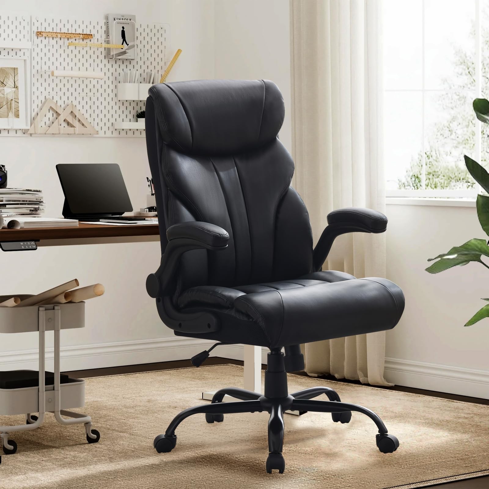 Big and Tall Leather Computer Chair, Flip-up Arms, 500lb, 360 Wheels, Recline gallery