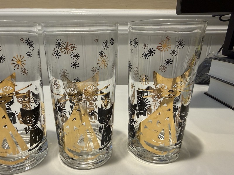 *4* MCM ATOMIC GOLD LEAF & BLACK STYLIZED CATS*KITTENS*STARS HIGHBALL GLASSES gallery