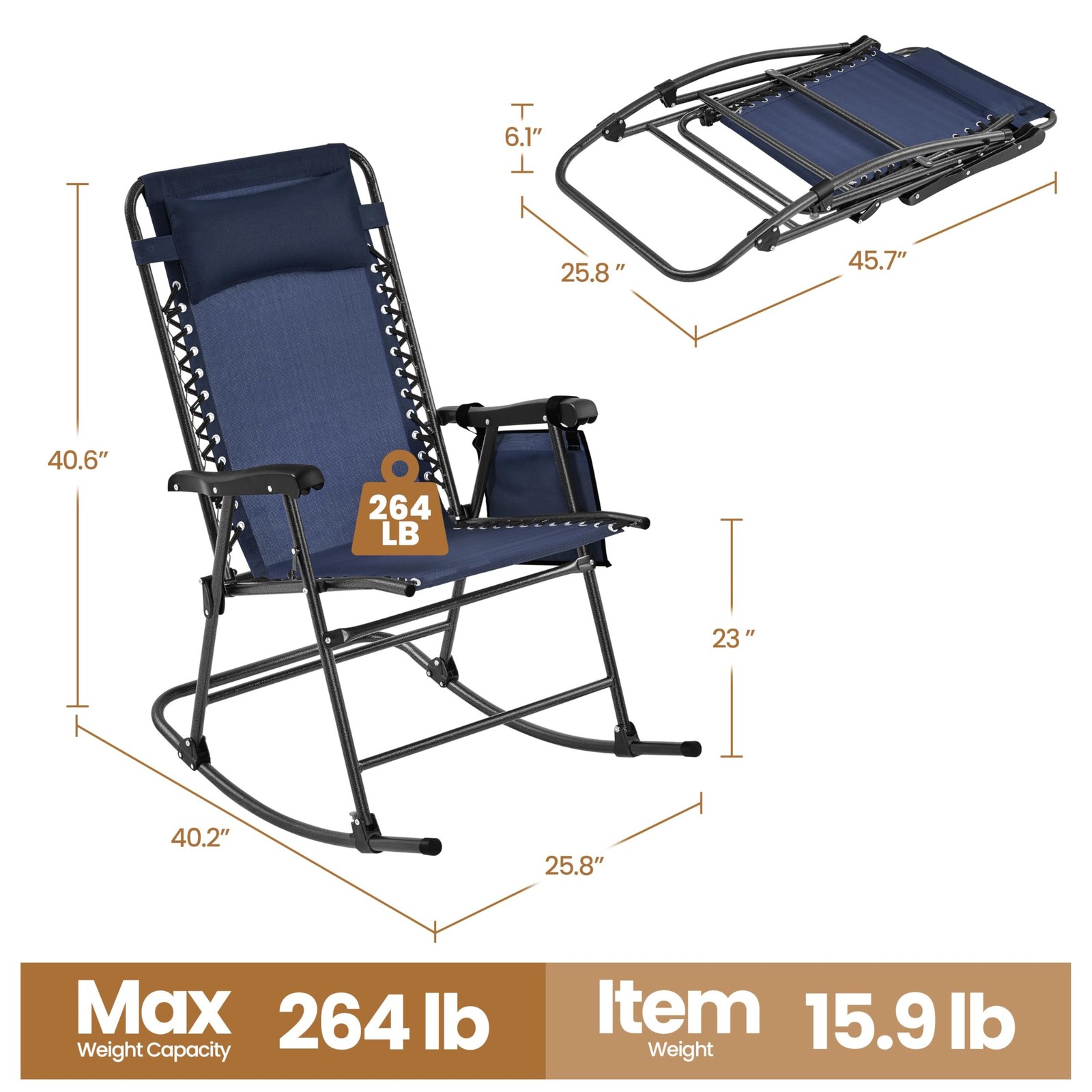 26in Rocking Chair Outdoor Zero Gravity Folding Chairs Rocking Chairs, Navy Blue gallery