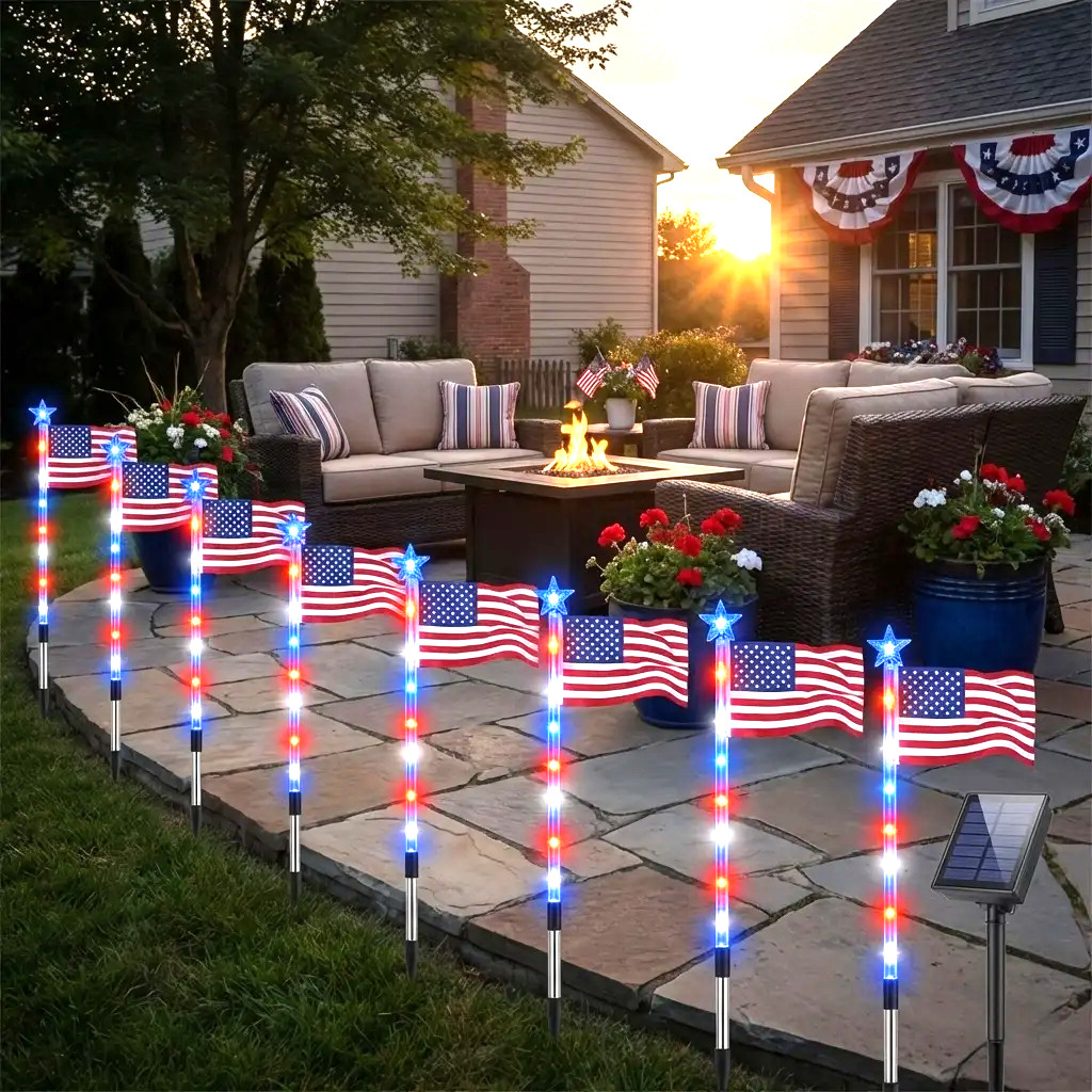 8Pcs Solar American LED Flag Stake Lights Set for 4th of July Garden Yard Decor gallery
