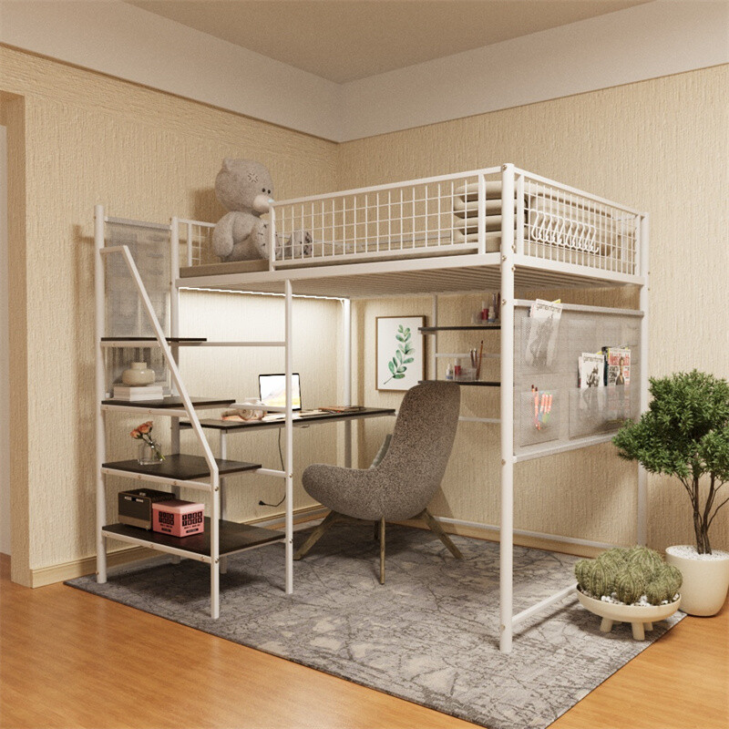 Full Size Metal Loft Bed w/Charging Station and LED Light for Bedroom Dormitory gallery
