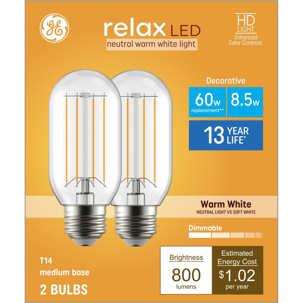 GE HD Refresh LED Warm White 60W Medium T14 Light Bulb 2 Bulbs 800 Lumens gallery