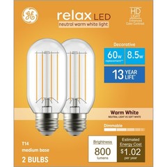 GE HD Refresh LED Warm White 60W Medium T14 Light Bulb 2 Bulbs 800 Lumens