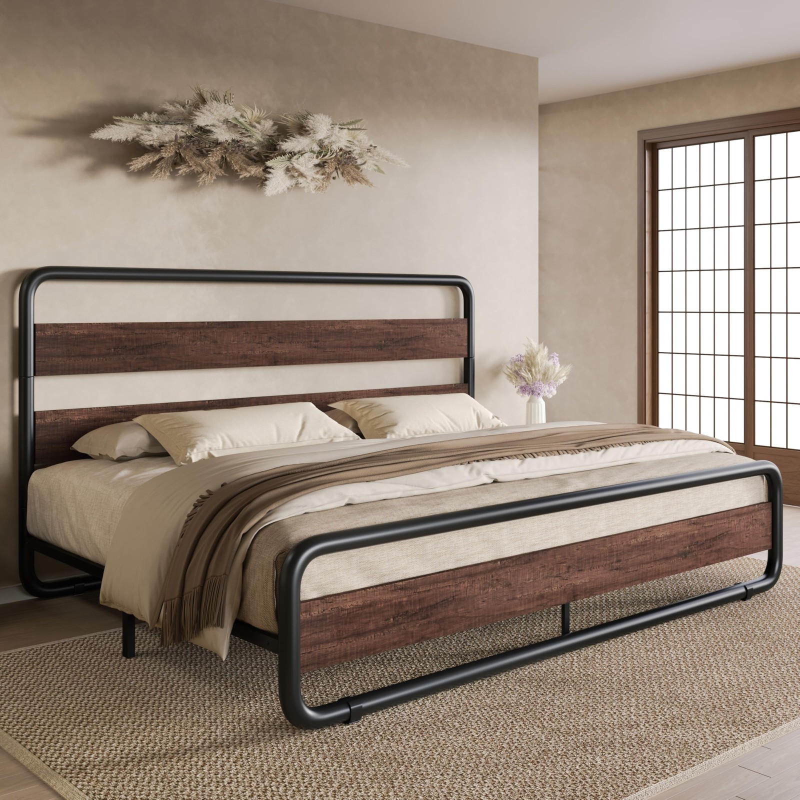 SHA CERLIN King Size Metal Bed Frame with Wooden Headboard and Footboard, He... gallery